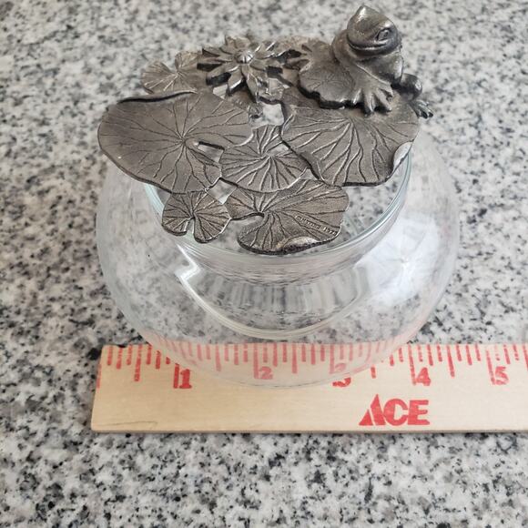 Vtg Metzke 70s Pewter Frog on Lily Pad Lid, Pattern Glass Potpourri Trinket Jar - Picture 7 of 8